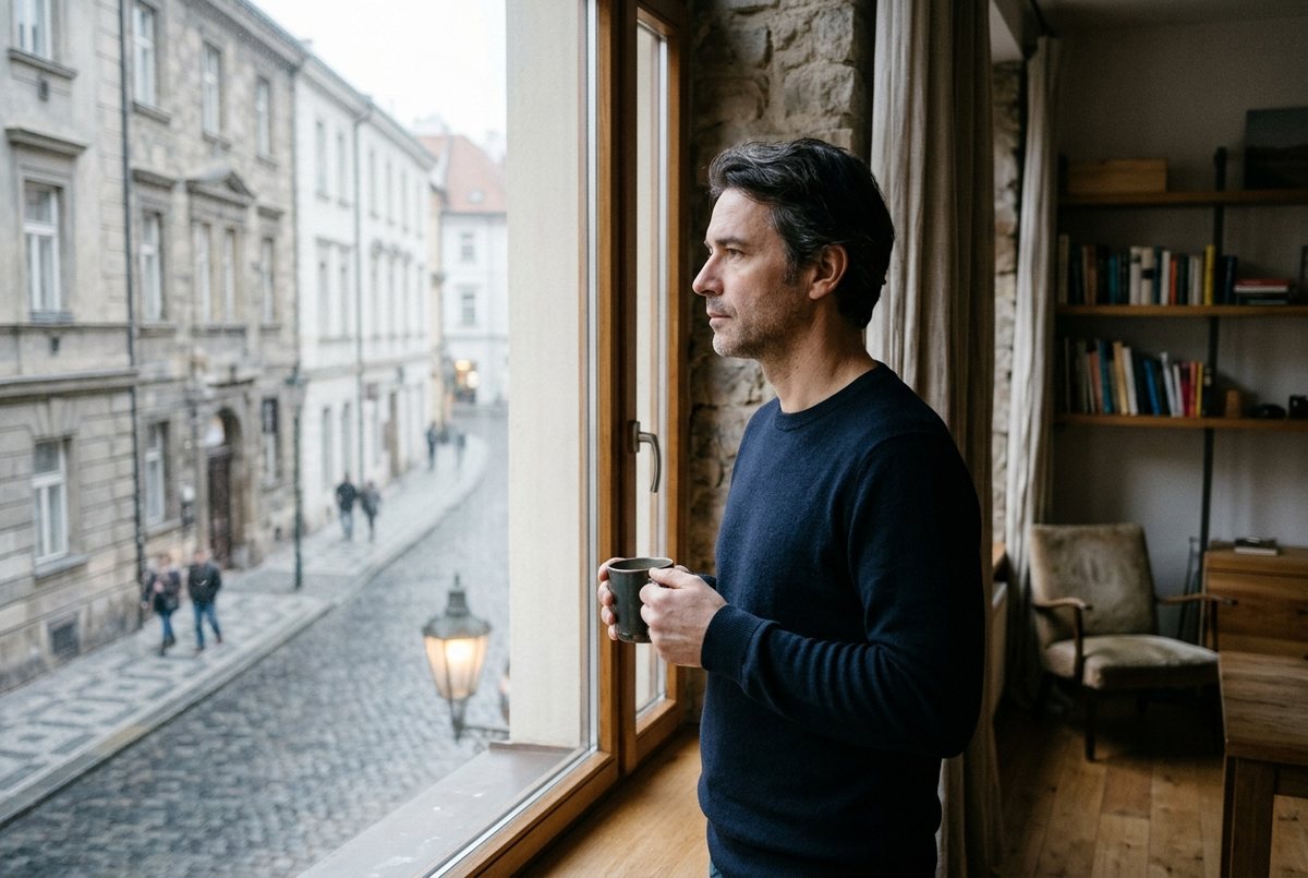 Férfi reggel az ablaknál kávéval, elgondolkodva